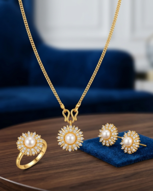 Sunflower Pearl Pendant Set in Gold Finish | Elegant Floral Jewelry for Women - Image 2