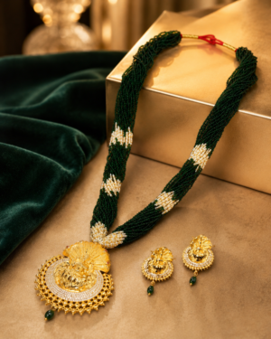 Traditional Nepali Green Pote Mala Necklace Set with Gold-Plated Temple Pendant & Jhumka Earrings - Image 2