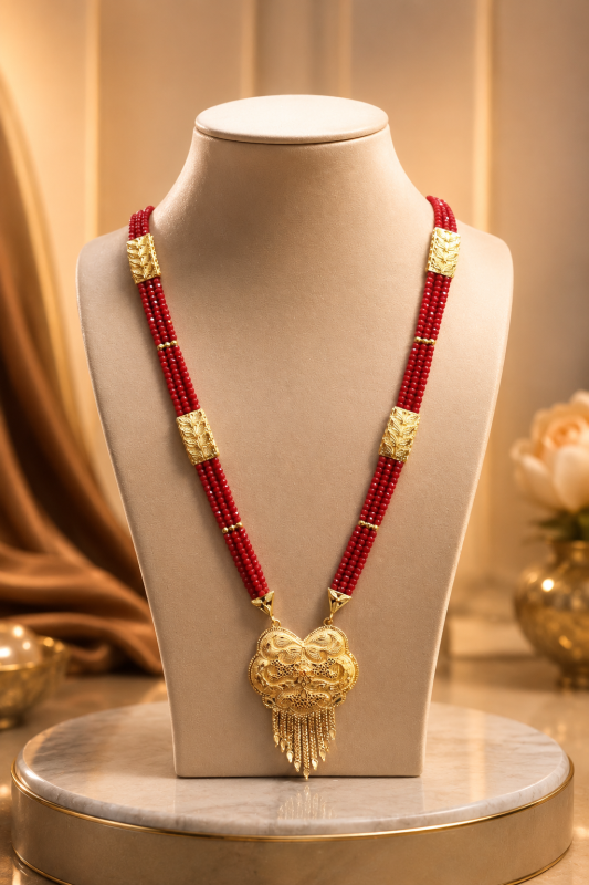 Traditional Red Bead Mangalsutra with Ornate Gold Pendant & Gold-Plated Accents Traditional Red Bead Mangalsutra with Ornate Gold Pendant & Gold-Plated Accents - Image 1