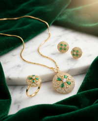 VVV Jewelry Emerald Compass Necklace Set with Emerald and Diamond Accents