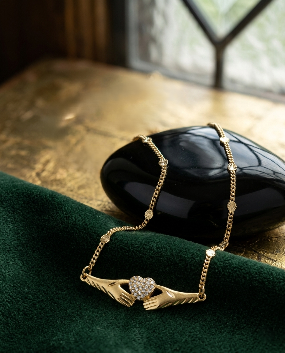 Vintage Gold Necklace with Diamond-Accented Hands Holding Heart Pendant Vintage Gold Necklace with Diamond-Accented Hands Holding Heart Pendant - Image 1