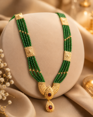 Gold-Plated Green Pote Mangalsutra with Four-Strand Beads & Red Stone Pendant - Image 2