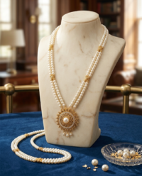 Golden Chandra Haar Necklace with Crystal Stone Pendant & Multi-Layered White Pearls - Image 2
