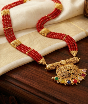Traditional Nepali Mangalsutra with Red Crystal  Beads & Gold-Plated Pendant - Image 3