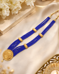 Blue Temple Design Necklace with Gold-Plated Beads & Lakshmi Pendant