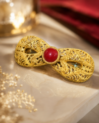 Vintage Czech Gold-Tone Metal Leaf Hair Barrette with Red Glass Cabochon - Image 3