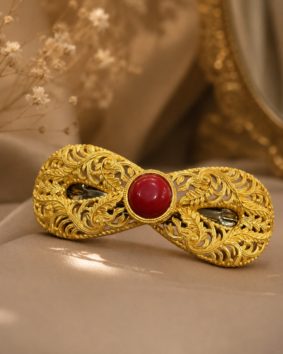 ChatGPT Image Jul 12, 2026, 03_28_33 PM Vintage Czech Gold-Tone Metal Leaf Hair Barrette with Red Glass Cabochon - Image 1