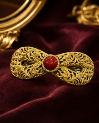 Vintage Czech Gold-Tone Metal Leaf Hair Barrette with Red Glass Cabochon - Image 4