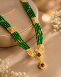 Gold-Plated Green Pote Mangalsutra with Four-Strand Beads & Red Stone Pendant