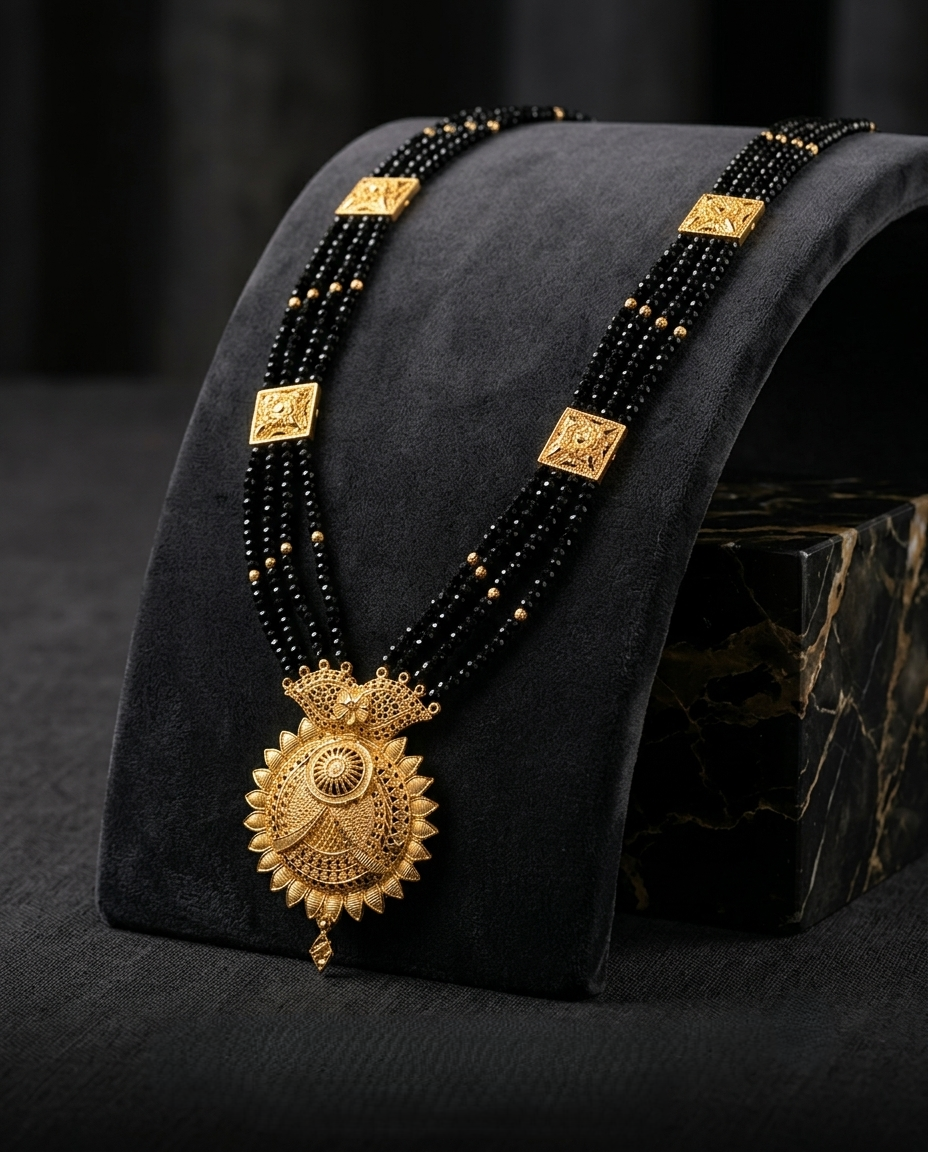 Gold-Plated Mangalsutra Necklace with Traditional Sun-Shaped Pendant & Intricate Beadwork Gold-Plated Mangalsutra Necklace with Traditional Sun-Shaped Pendant & Intricate Beadwork - Image 1