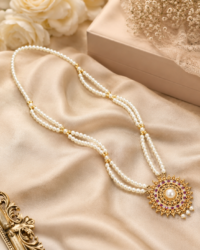 Gold-Plated Necklace Set with Circular Red Stone & Pearl Pendant