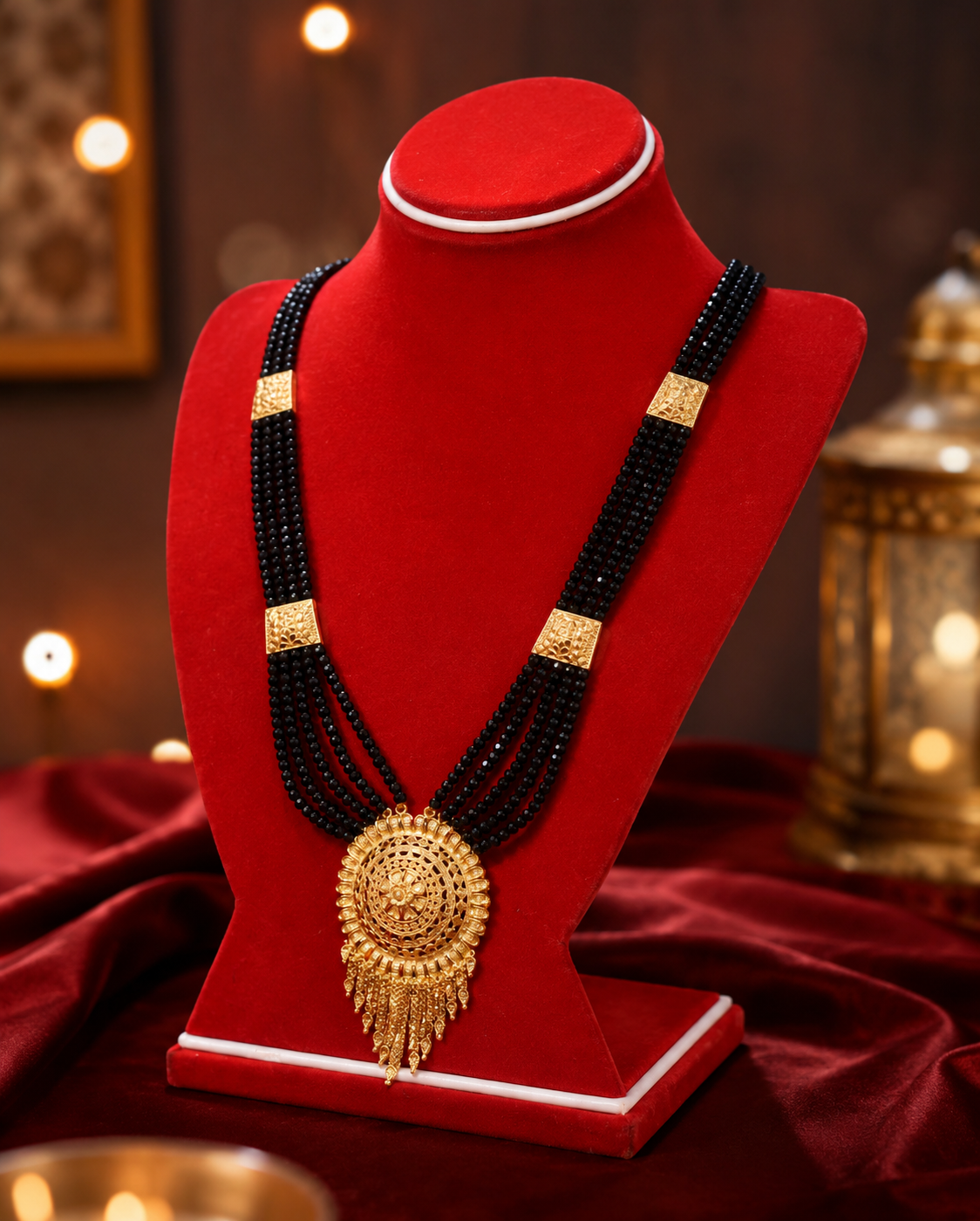 Gold-Plated Nepali Mangalsutra with Black Crystal Beads & Fringe Pendant Gold-Plated Nepali Mangalsutra with Black Crystal Beads & Fringe Pendant - Image 1