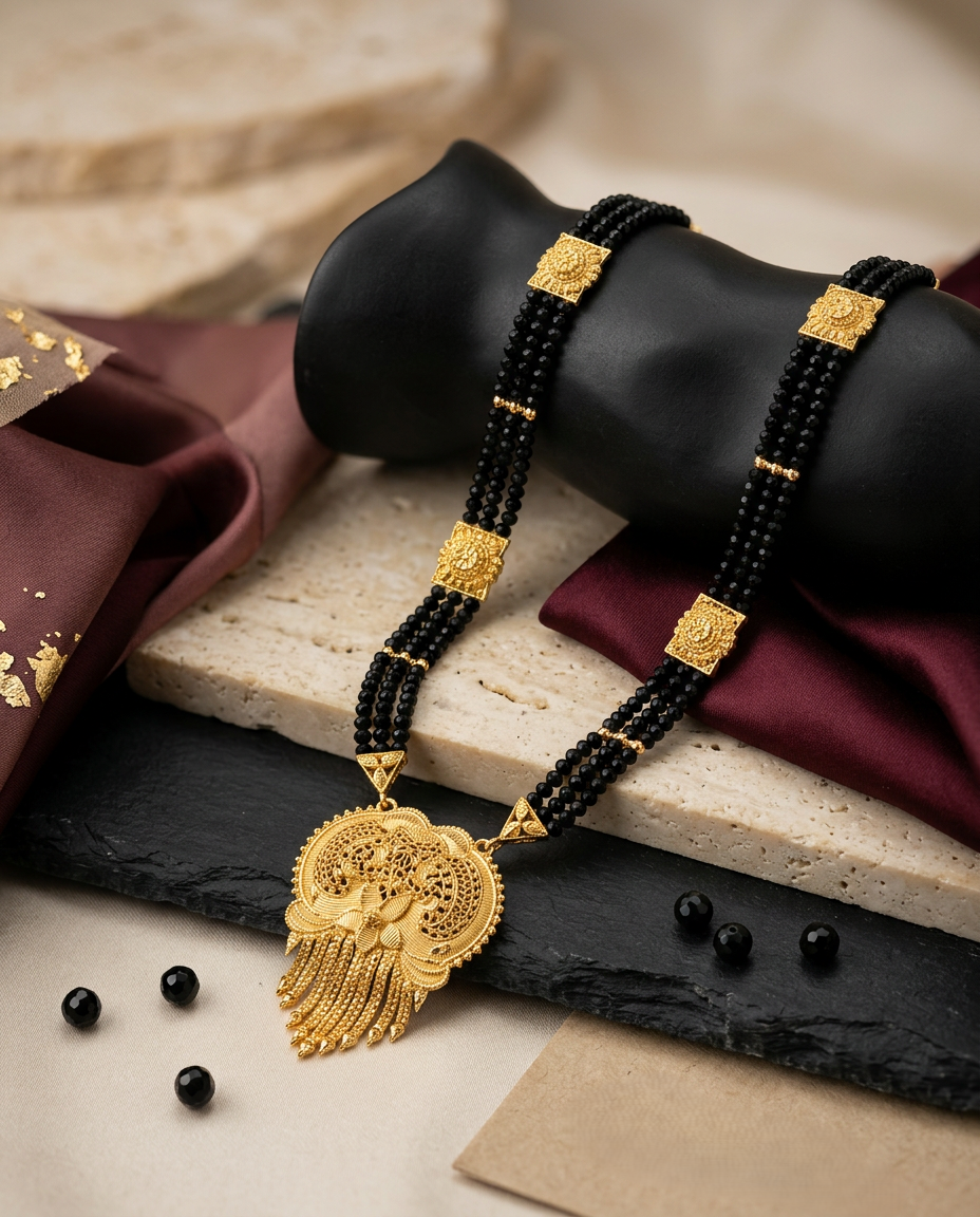 Gold-Plated Three-Line Mangalsutra with Intricate Pendant Detailing Gold-Plated Three-Line Mangalsutra with Intricate Pendant Detailing - Image 1
