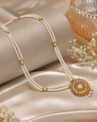 Golden Chandra Haar Necklace with Crystal Stone Pendant & Multi-Layered White Pearls