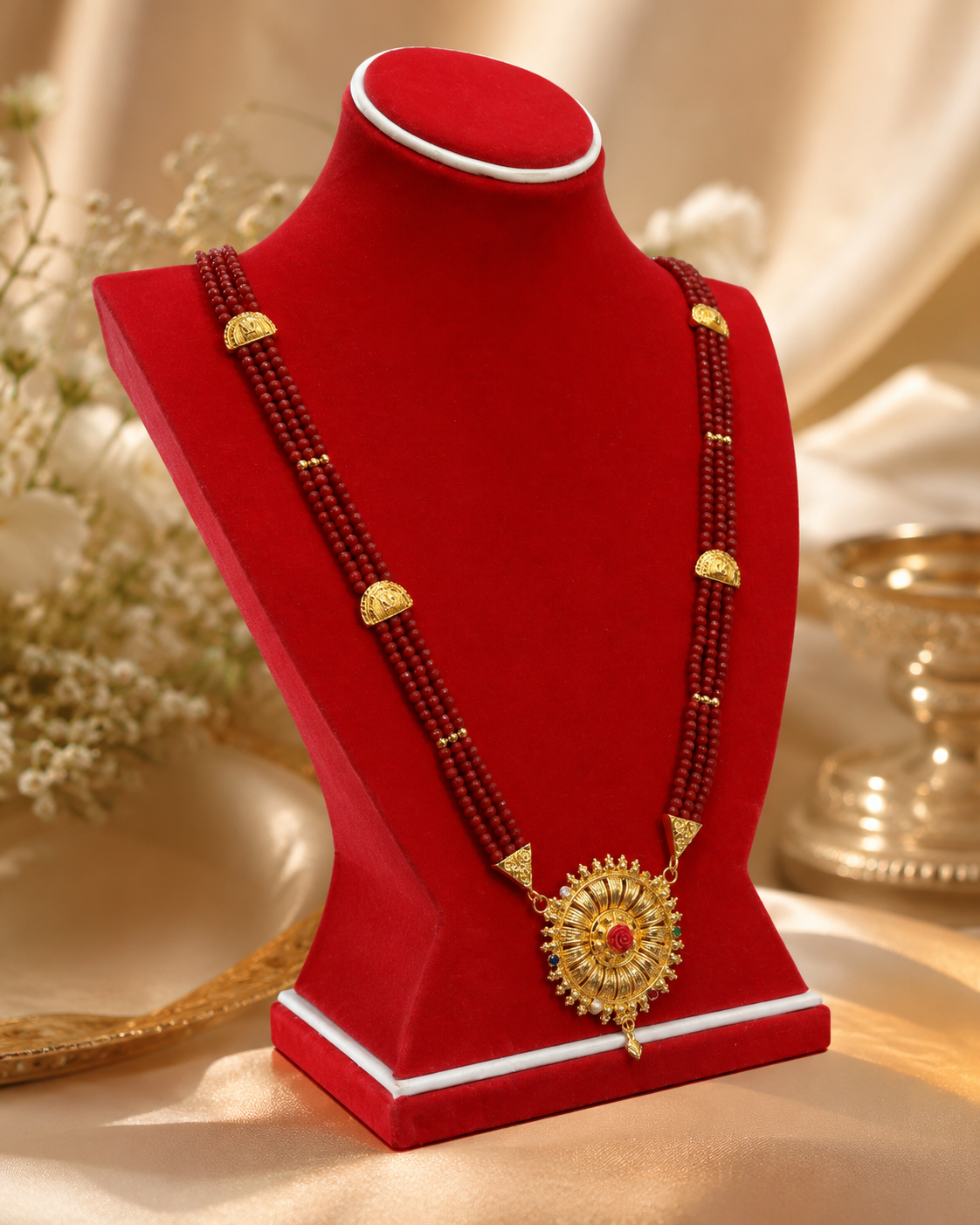 Royal Crimson Multistrand Heritage Necklace Set with Mandala Pendant & Red Stone Royal Crimson Multistrand Heritage Necklace Set with Mandala Pendant & Red Stone - Image 1