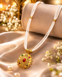 Traditional Gold-Plated Nawa Ratna Locket with Multi-Strand White Pearl Necklace - Image 2