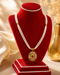 Traditional Gold-Plated Nawa Ratna Locket with Multi-Strand White Pearl Necklace