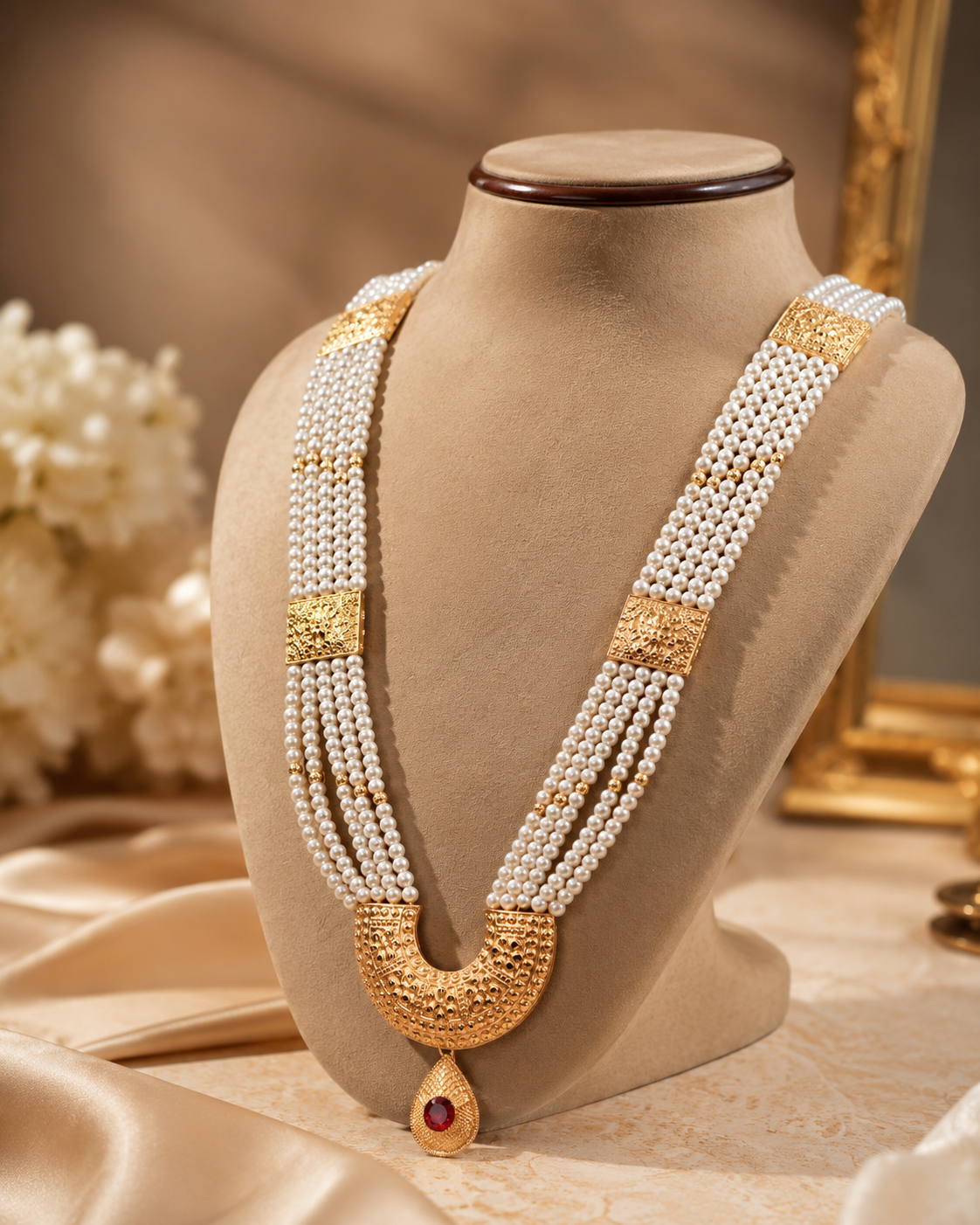Traditional Nepalese Chandra Haar with White Pearls (Moti) & Gold-Plated Design Traditional Nepalese Chandra Haar with White Pearls (Moti) & Gold-Plated Design - Image 1