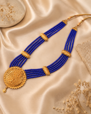 Blue Temple Design Necklace with Gold-Plated Beads & Lakshmi Pendant - Image 2